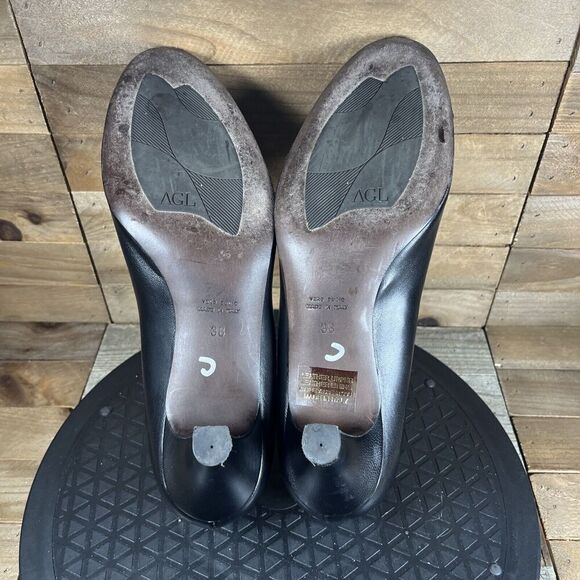 AGL Womens 38 EU/8 US Cap Toe Pumps Heels Nude Black Leather Patent Round Toe - Picture 9 of 10